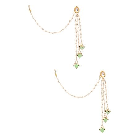 Kundan Green Beads Pearl Ear Chain Earrings Pair